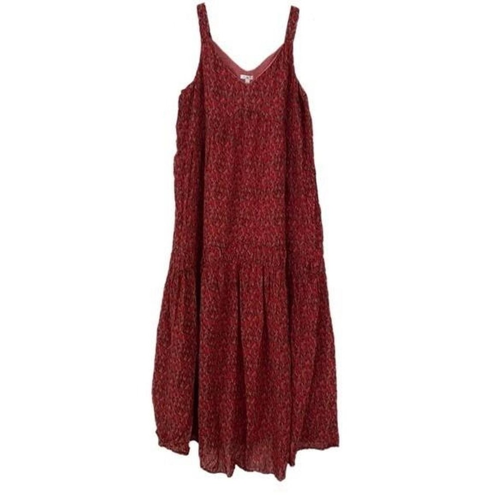 Joie Red Ikat Print Tiered Cotton Maxi Dress Sleeveless V-Neck Women's Medium